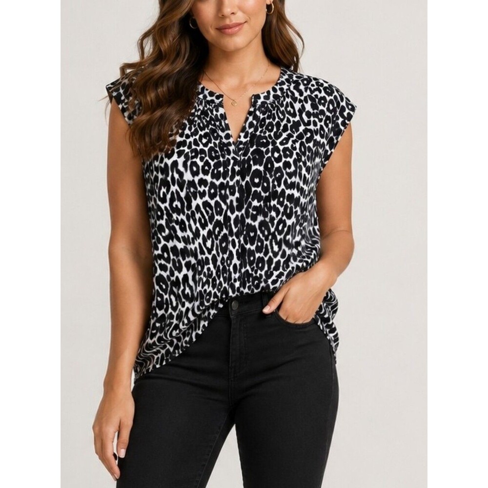 Ivanka Trump Black White Leopard Print Cap Sleeve Blouse Top Size M